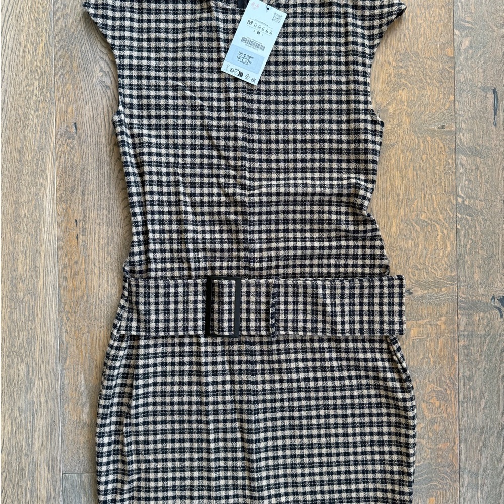 Zara Black and Beige Belted Dress